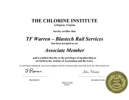 Membership Certificate Chlorine Institute